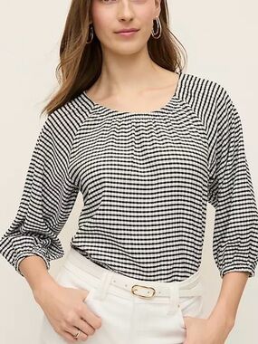 Ann Taylor Black & White Gingham Peasant Top